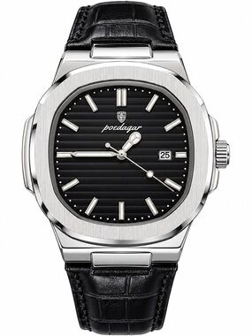Nautilus Style Stainless Steel Watch - Black Dial with strap